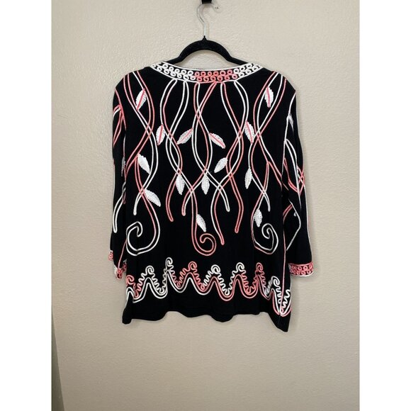 Once 1 Again Plus Embroidered Black 3/4 Sleeve Top Size 1X Pink & White Accents - Picture 5 of 6